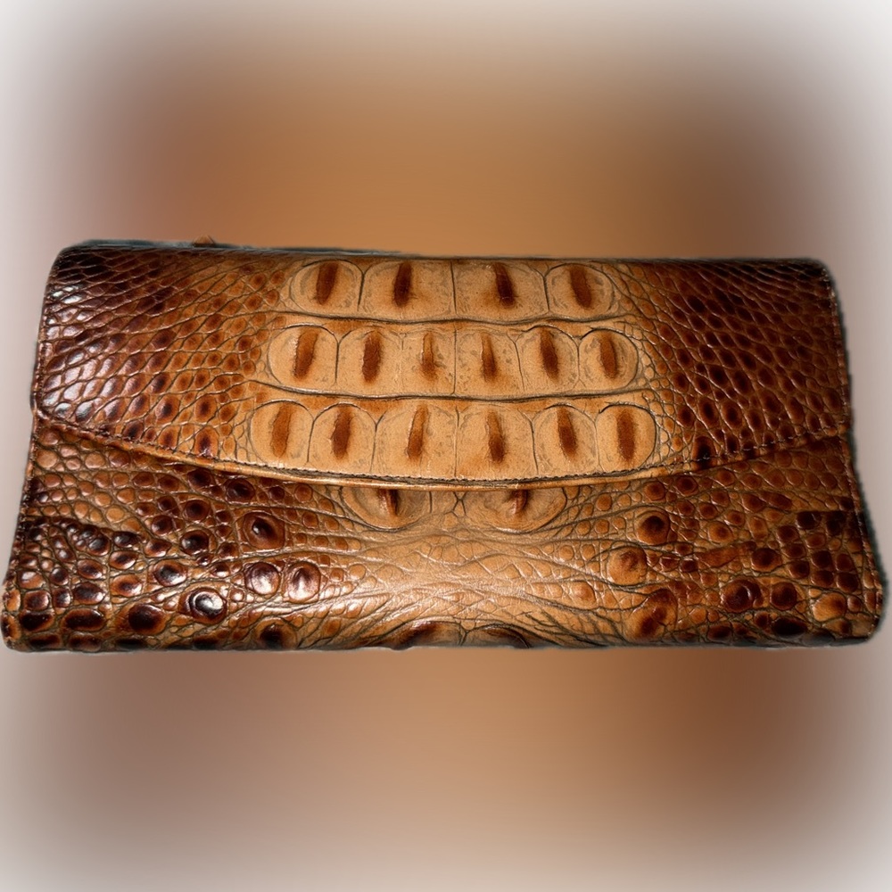 Croc-Embossed Leather Satchel Handbag in Cognac - Picture 6 of 11